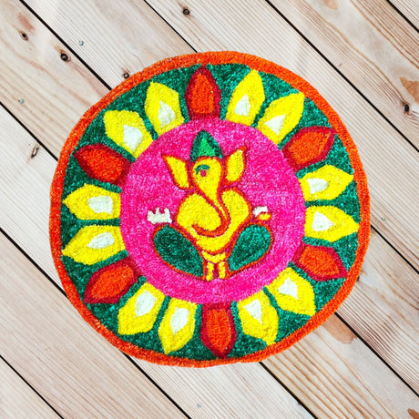 Faux fur yarn wool ganesha rangoli mat canvas base aasan