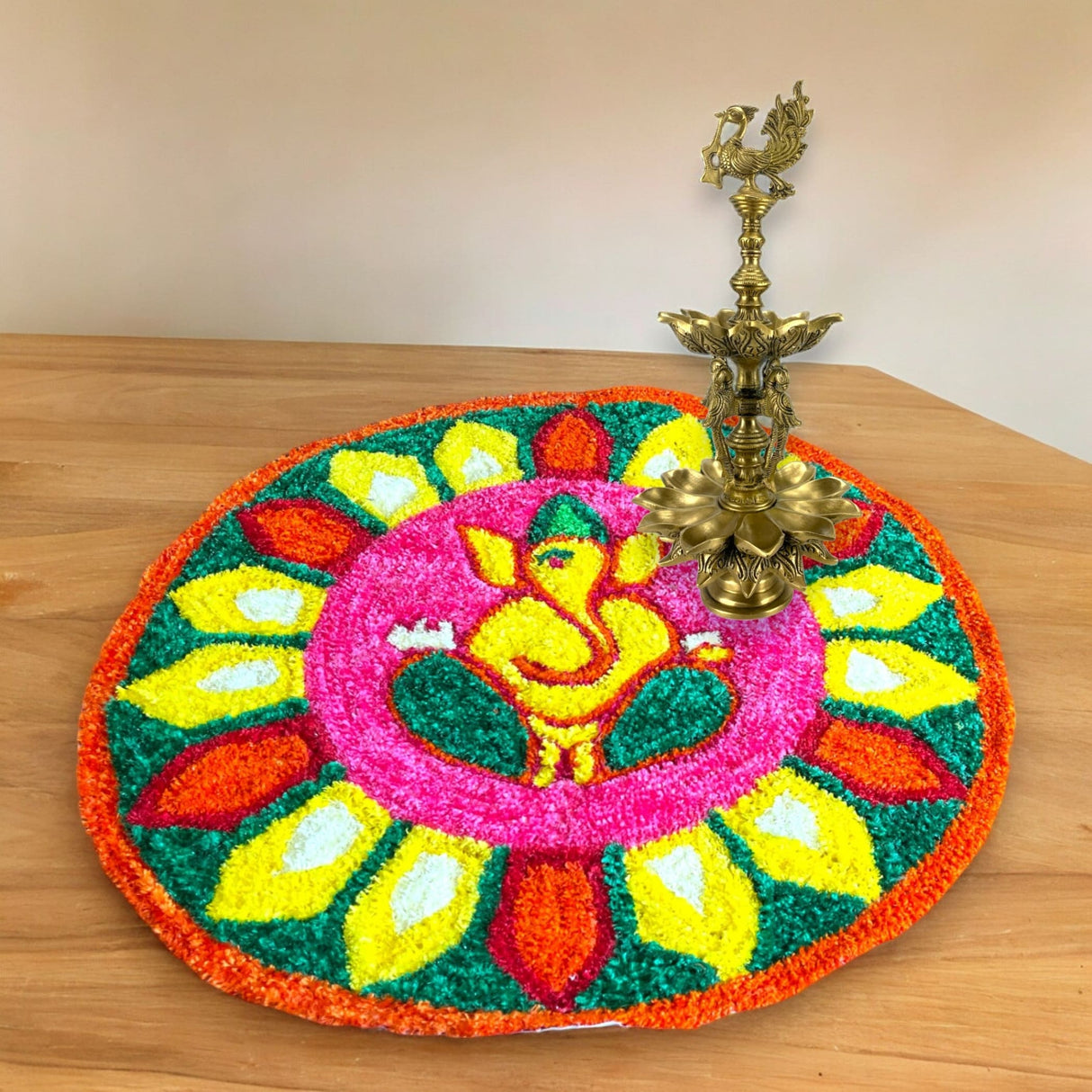 Faux fur yarn wool ganesha rangoli mat canvas base aasan