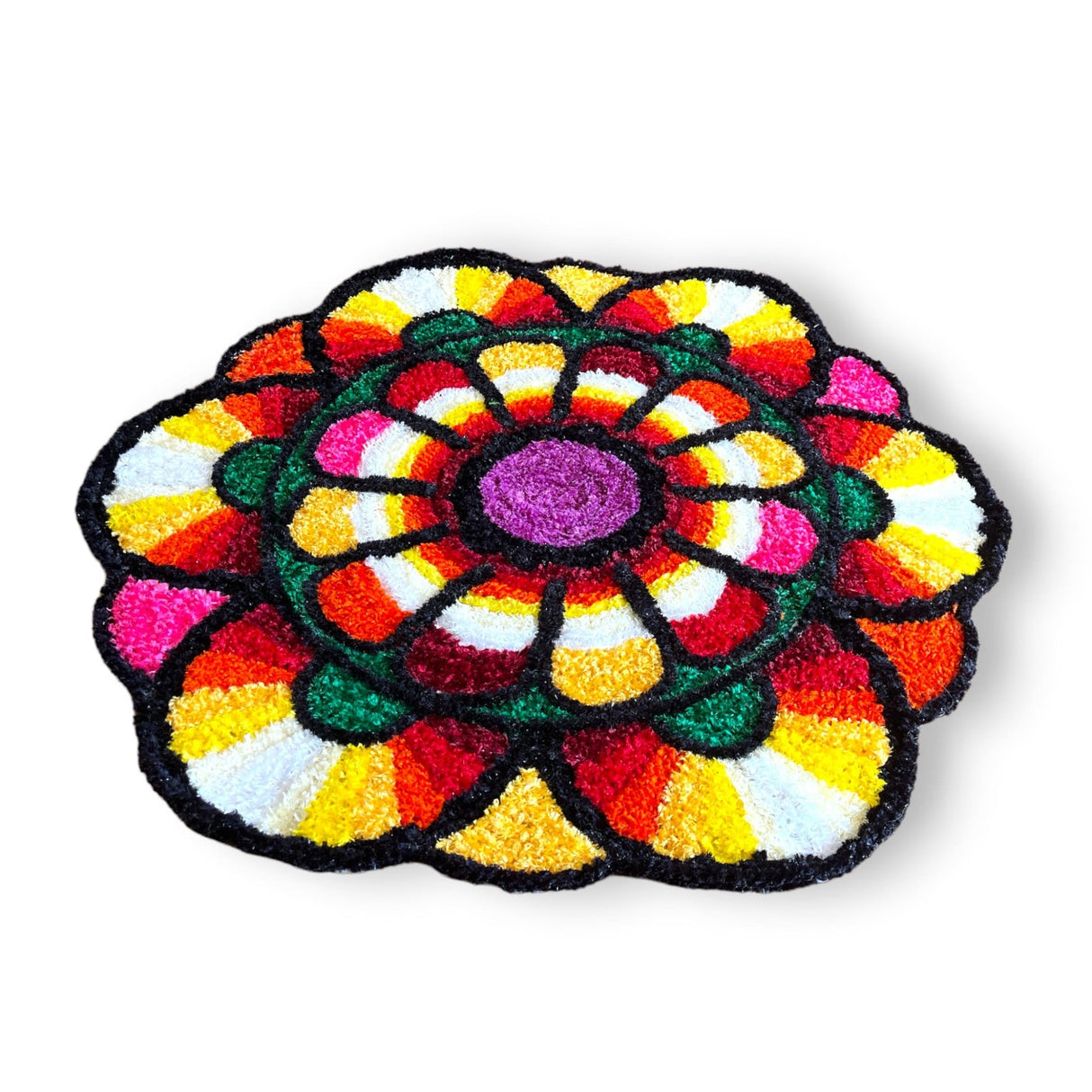 Faux fur yarn wool flower rangoli mat canvas base aasan