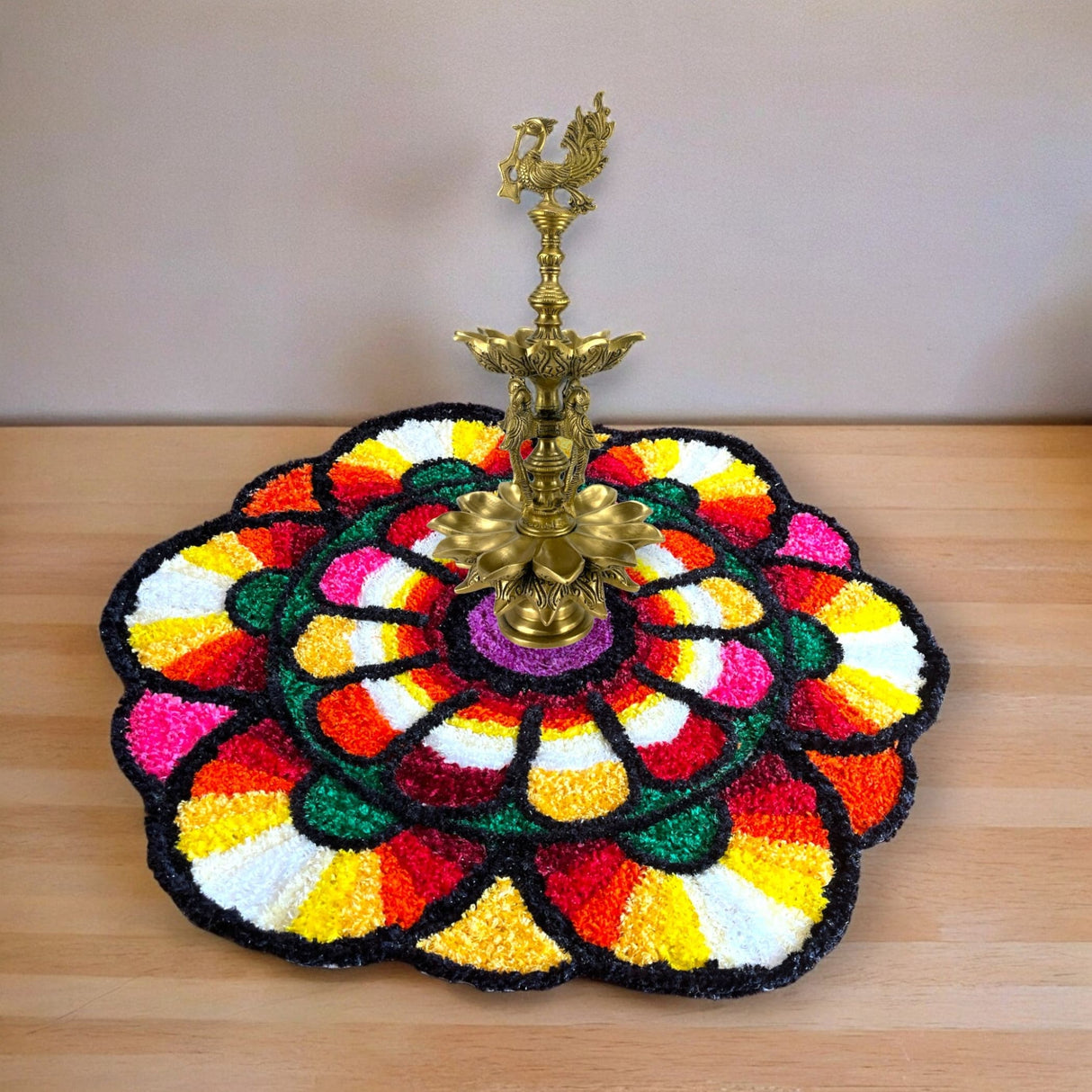 Faux fur yarn wool flower rangoli mat canvas base aasan