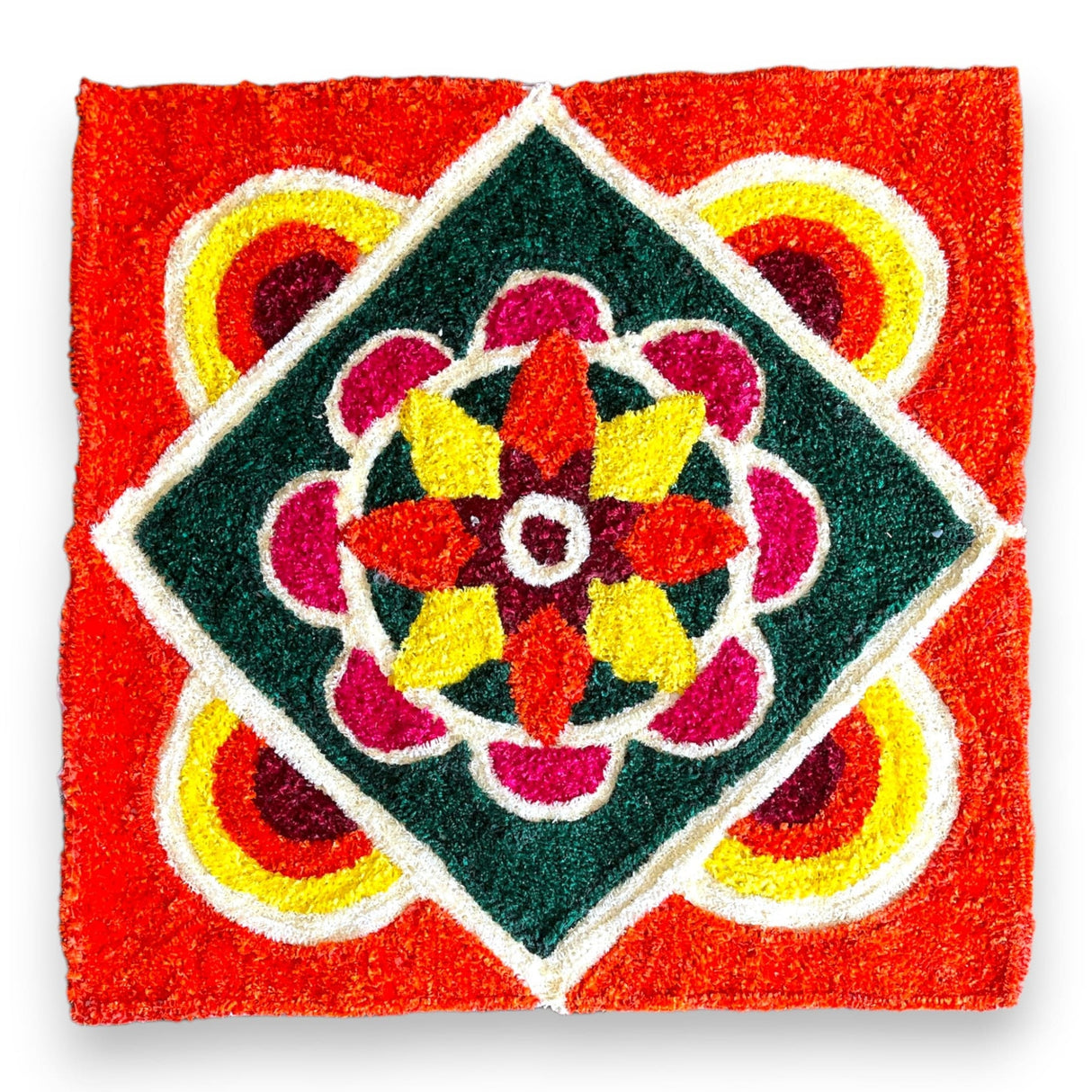 Faux fur yarn wool rangoli mat canvas base aasan indian