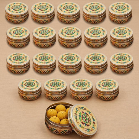 Ornate gold green Meenakari stainless steel 400g cookie tin with floral patterns