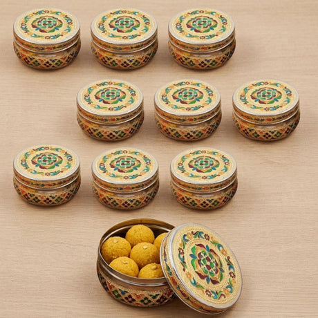 Ornate gold green Meenakari stainless steel round tiffin box 400g