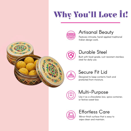 Handcrafted indian-style meenakari stainless steel box with colorful enamel designs and secure lid for sweets storage