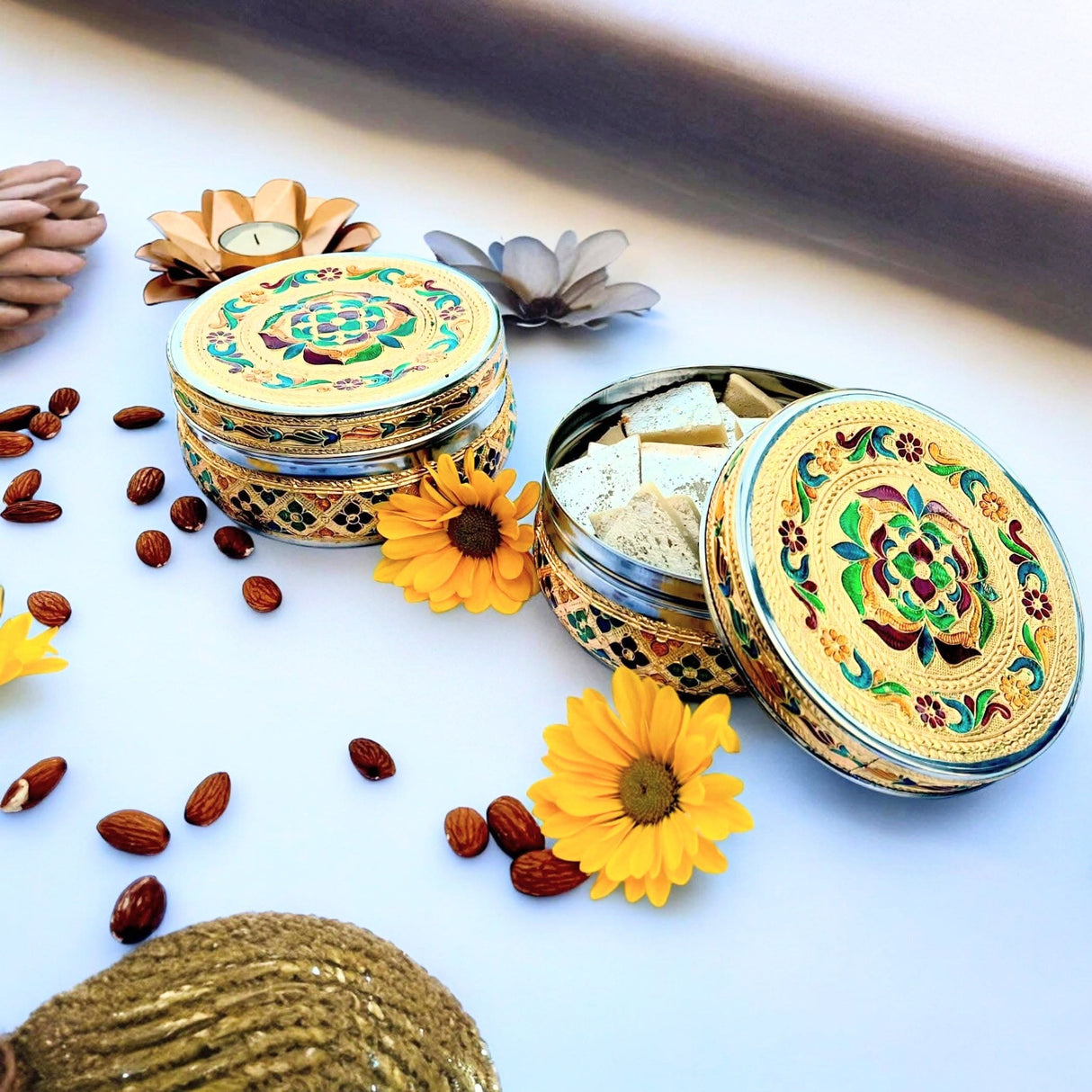 Golden floral stainless steel tin box with lid and glass window for sweets and dry fruits