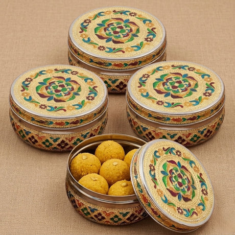 Handcrafted Meenakari ornate stainless steel tiffin box with floral enamel designs