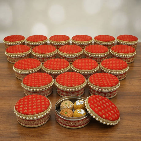 Red velvet-lined 4 ct steel ladoo box with gold embroidery pearl trim stainless steel sweets gift box for festivals