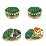 Green gold peacock steel ladoo box with pearls, 250g festival sweets gift
