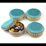 Turquoise gold pearl-accented 4ct steel ladoo box for festivals