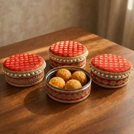 Red and gold patterned fabric covered 4 ct stainless steel laddu boxes with pearl trim for festival sweets gifting