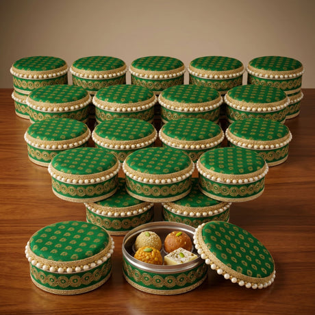 Green embroidered round steel ladoo boxes with gold lace pearl trim decorative lid perfect for holi diwali gifts