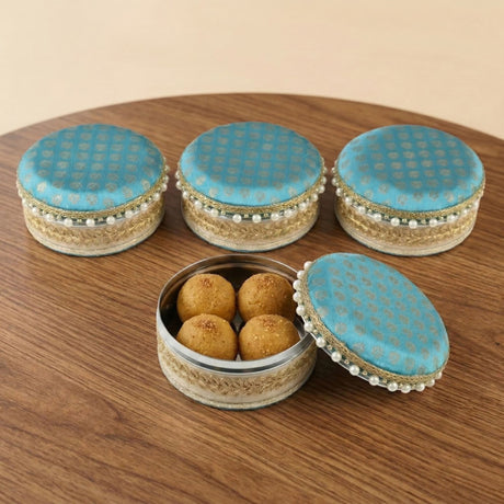 Turquoise and gold patterned 4 ct steel laddu box with pearl embellishments for sweets gift festivals and housewarmings