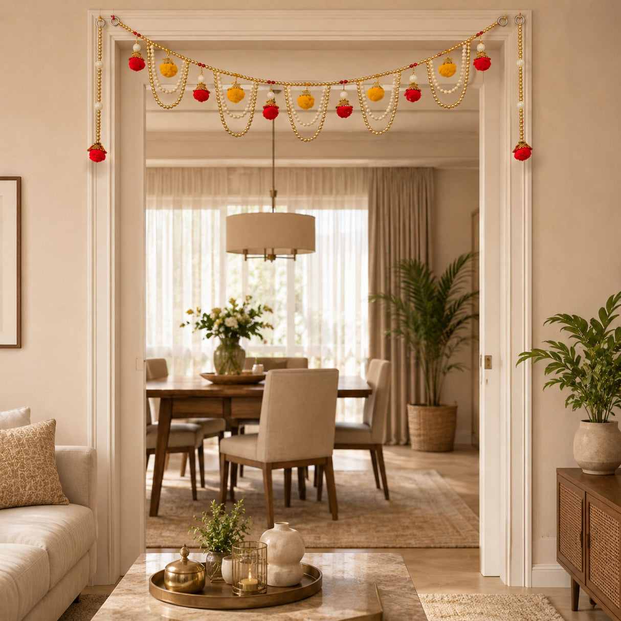 Bead door toran with pompom 3.3 ft festive red and gold decorative garland with dangling pompoms for diwali pooja and weddings