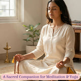 Woman’s hand holding 5-face Rudraksha mala with yellow tassel, 108+1 beads