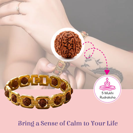 Gold-plated Rudraksha bracelet for men with five textured 5-mukhi beads