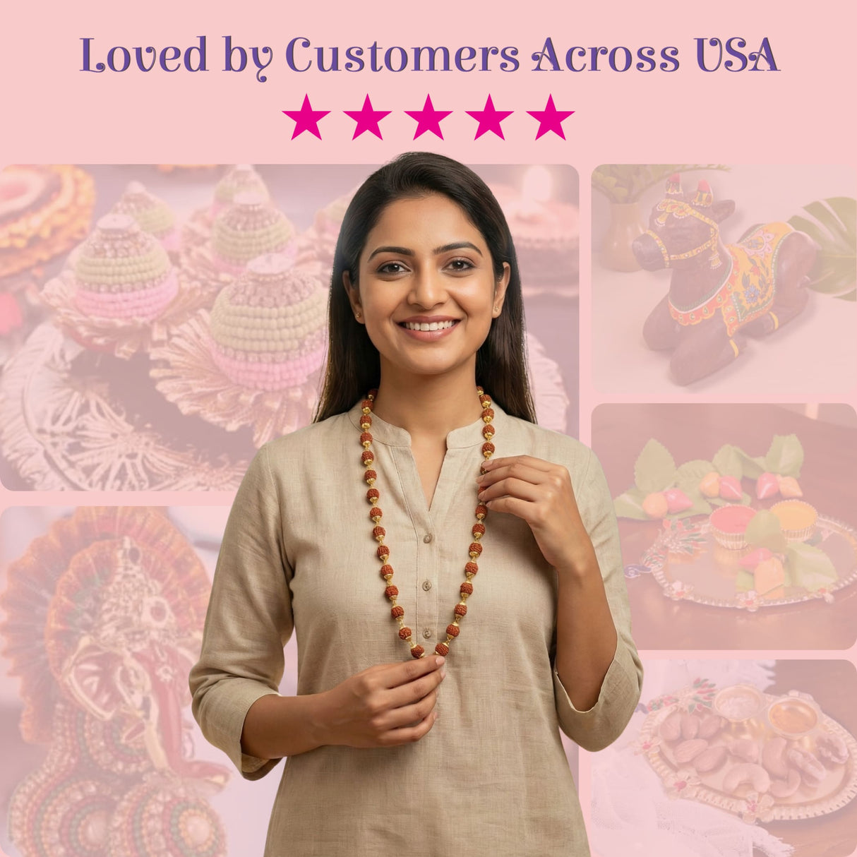 Certified 5 mukhi rudraksha mala necklace with reddish-brown and gold beads