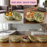 Ornate gold and green enamel meenakari decorative sweet box stainless steel round storage container for spices and gifts