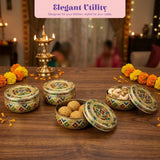 Handcrafted meenakari brass laddu box with vibrant enamel designs