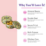 Small round stainless steel Meenakari laddu box with gold green floral design