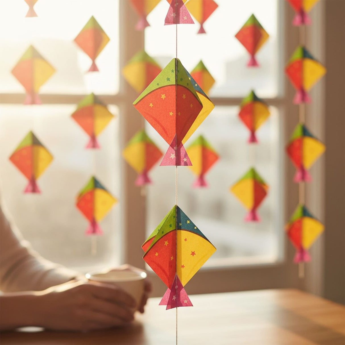 Colorful Happy Makar Sankranti mini kite mobile with geometric patterns and tassels
