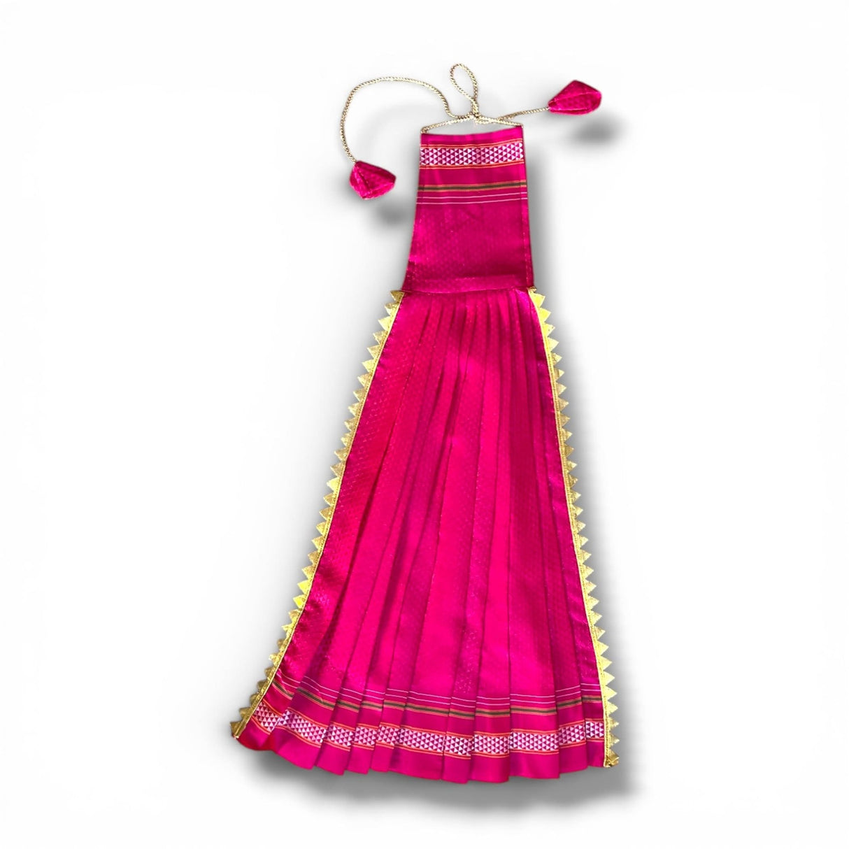 Vibrant fuchsia satin lehenga with gold pleats for Gudi Padwa decoration