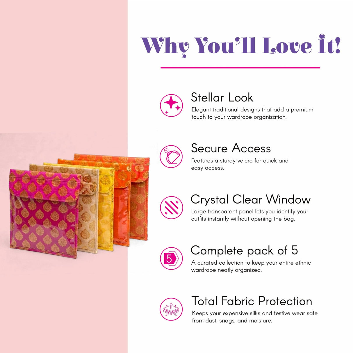 Set of five colorful brocade sari bags with transparent windows and velcro closures for wardrobe and gift storage