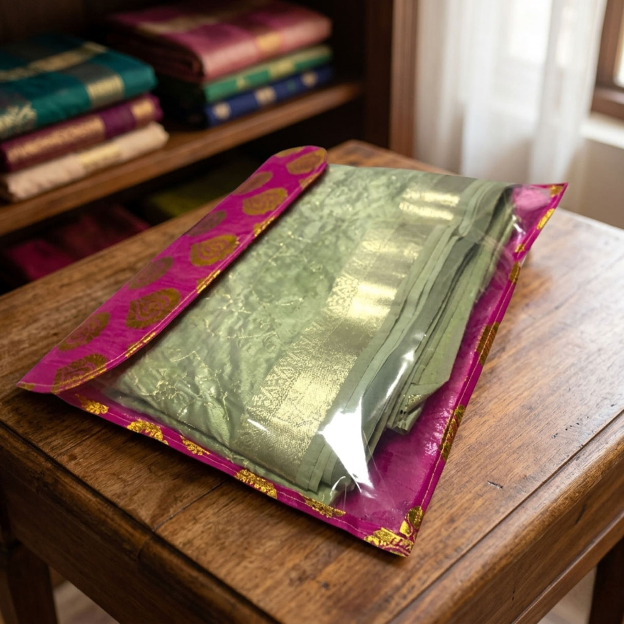A vibrant pink brocade sari bag with gold embroidery holds a folded light green silk saree with metallic zari work