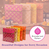 Vibrant brocade sari bags in pink gold and orange hues with traditional leaf design and zipper closure for storage and gifting