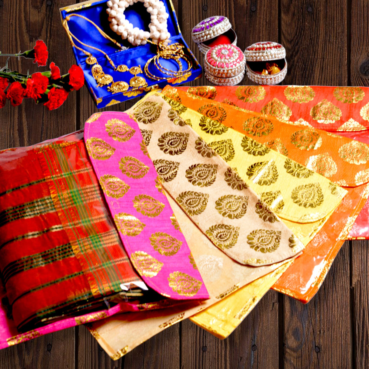 5 assorted brocade sari bags with zipper closure clothes