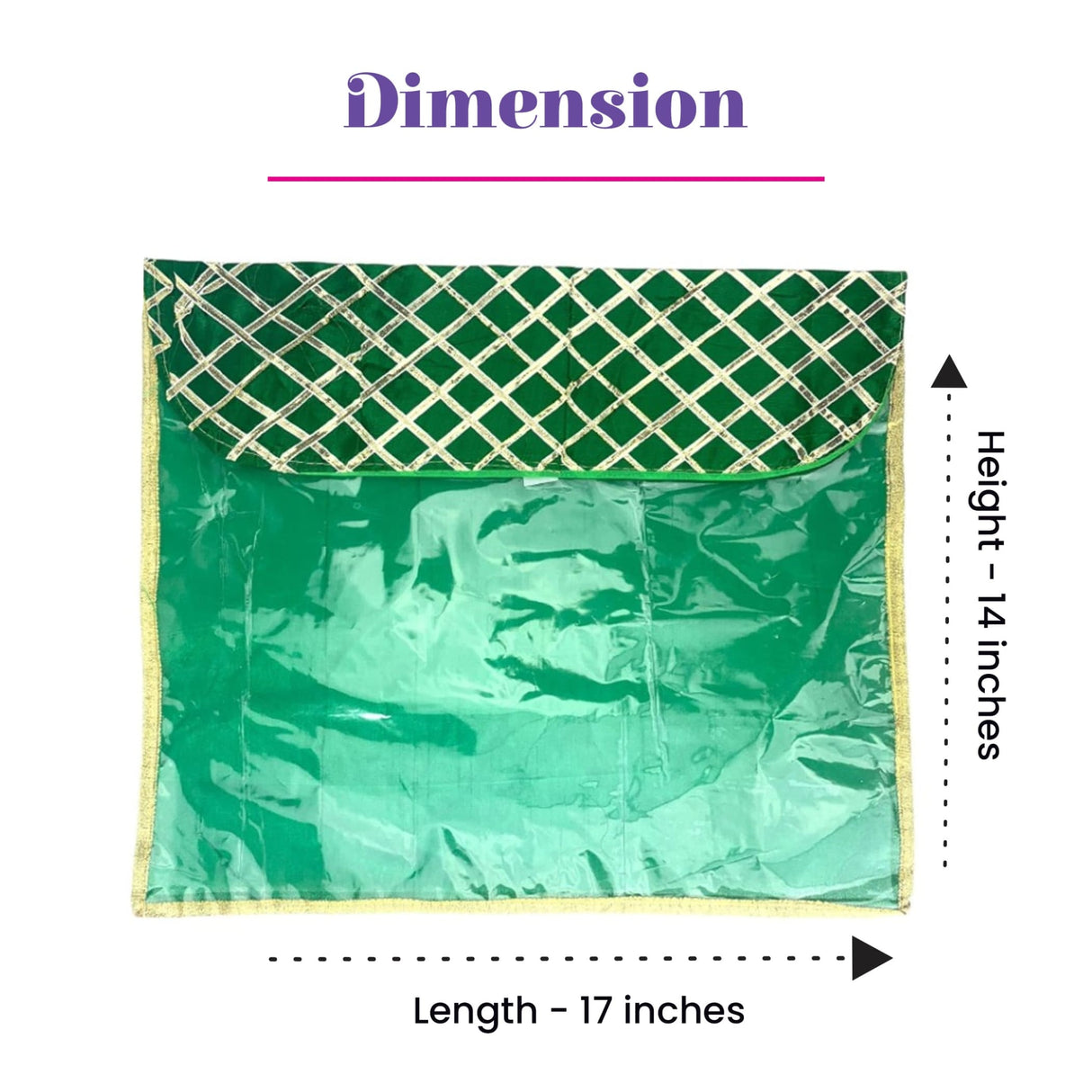 Green metallic gotta patti saree bag with silver lattice flap and gold trim for lehnga cover and sari storage