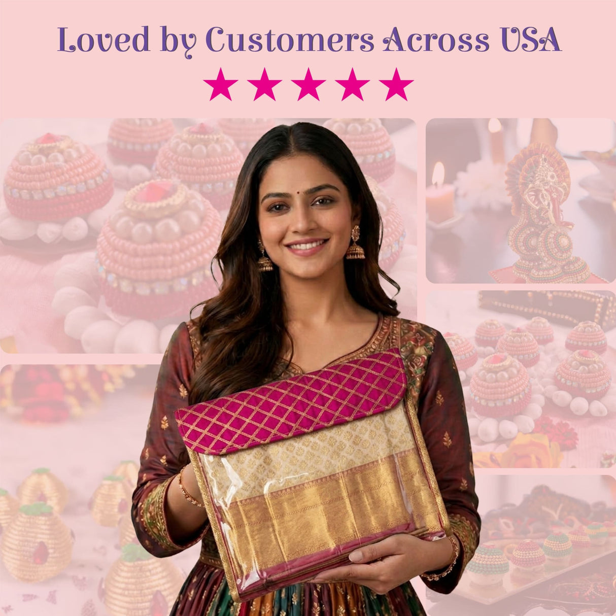 A woman holds a rectangular gotta patti saree bag with vibrant pink and gold embroidered flap for storage and gifting