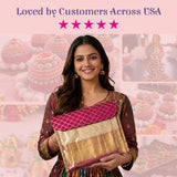 A woman holds a rectangular gotta patti saree bag with vibrant pink and gold embroidered flap for storage and gifting