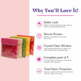Set of five colorful transparent organza saree bags with embroidered gold trim and clear window for storage and gifting