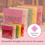 Five assorted colorful transparent gotta patti saree bags with embroidered flaps for wedding and clothing storage