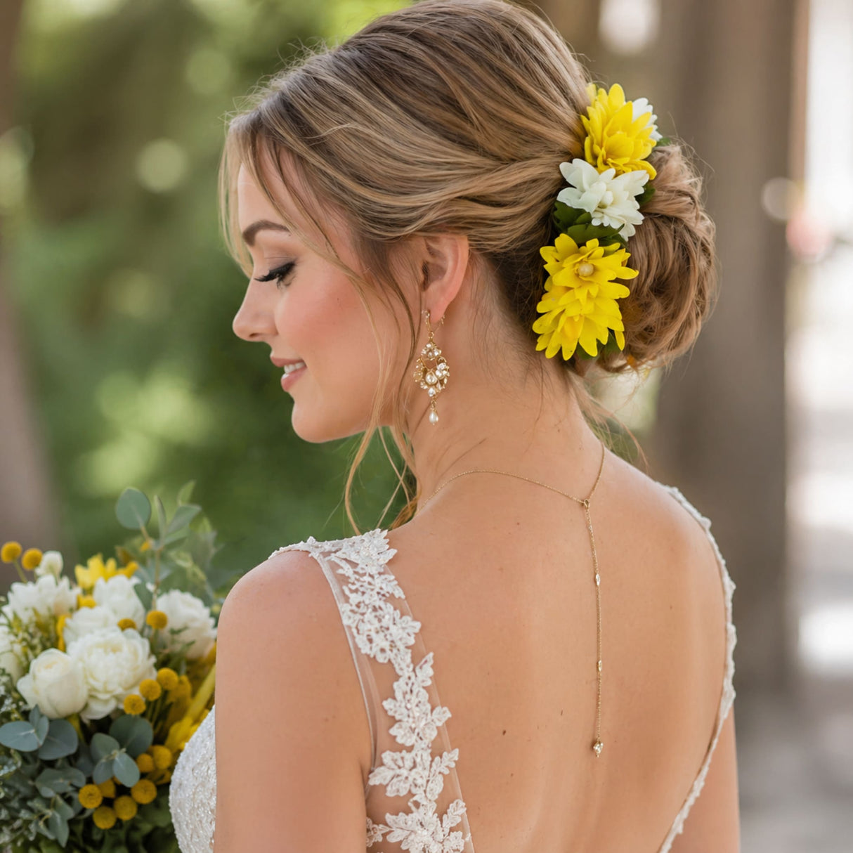 A delicate gold necklace with a small pendant complements the 5 pack artificial floral gajra for bridal hair accessories