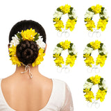 Yellow and white artificial fabric floral hair accessory with green leaves for bridal and traditional Indian hairstyles