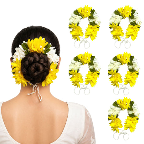 Yellow and white artificial fabric floral hair accessory with green leaves for bridal and traditional Indian hairstyles