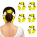 Yellow and white artificial fabric floral hair accessory with green leaves for bridal and traditional Indian hairstyles