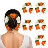Ornamental artificial gajra for hair with vibrant orange white green fabric flowers and pearl accents for bridal use