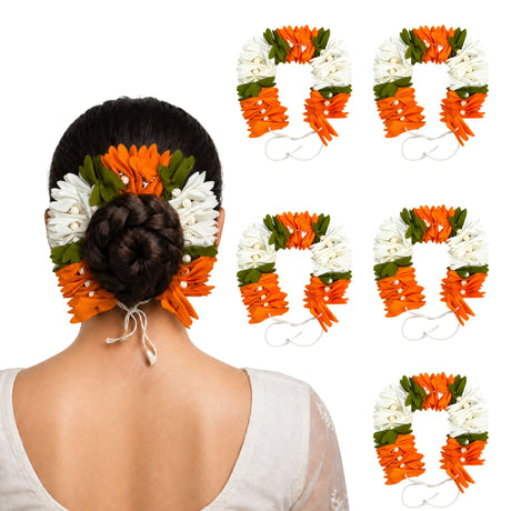 Ornamental artificial gajra for hair with vibrant orange white green fabric flowers and pearl accents for bridal use
