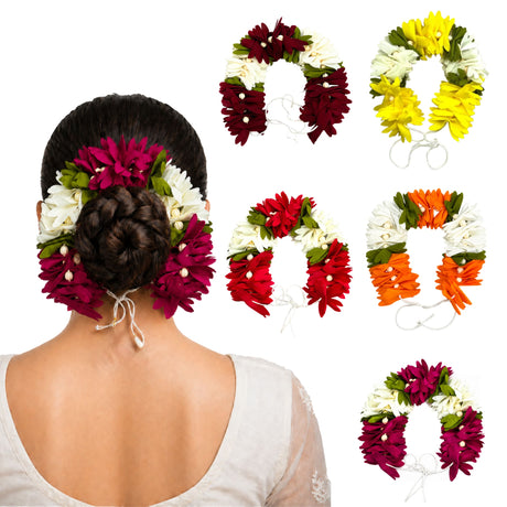 A 5 pack artificial gajra for hair with maroon white and green fabric flowers and pearl accents for traditional indian bridal use