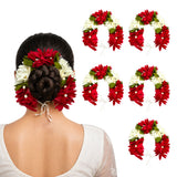 Red and white artificial floral gajra with green leaves and pearl accents for traditional Indian bridal hair accessories