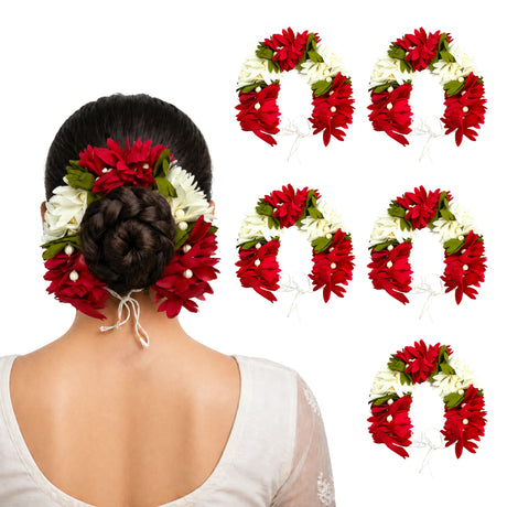 Red and white artificial floral gajra with green leaves and pearl accents for traditional Indian bridal hair accessories