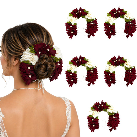 Elegant maroon and white floral artificial gajra with green leaves and pearls for traditional bridal hair accessories