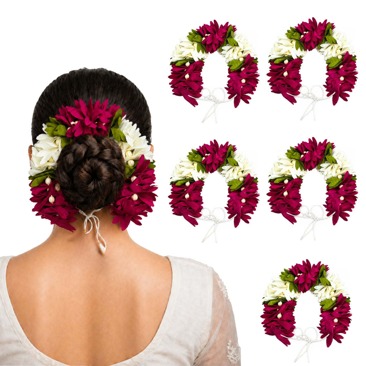 Traditional 5 pack artificial floral gajra with vibrant magenta white blossoms green leaves and pearl beads for bridal use