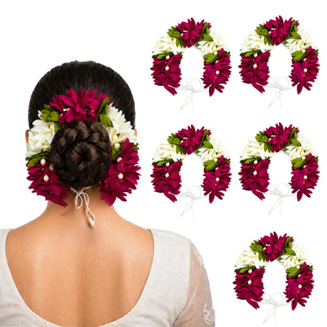 Traditional 5 pack artificial floral gajra with vibrant magenta white blossoms green leaves and pearl beads for bridal use