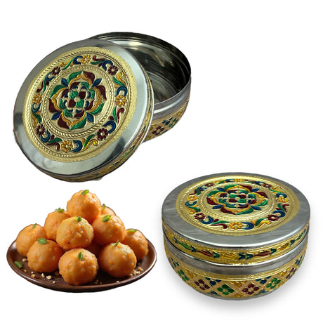 Meenakari stainless steel box decorative round cookie tin