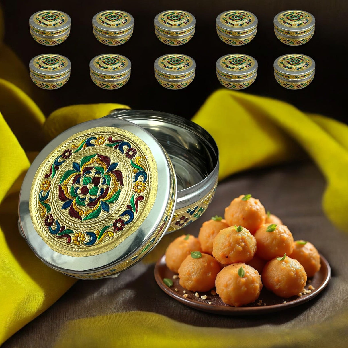 Meenakari stainless steel box decorative round cookie tin