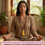 Red 5-face Rudraksha mala necklace with yellow tassel, 108+1 beads