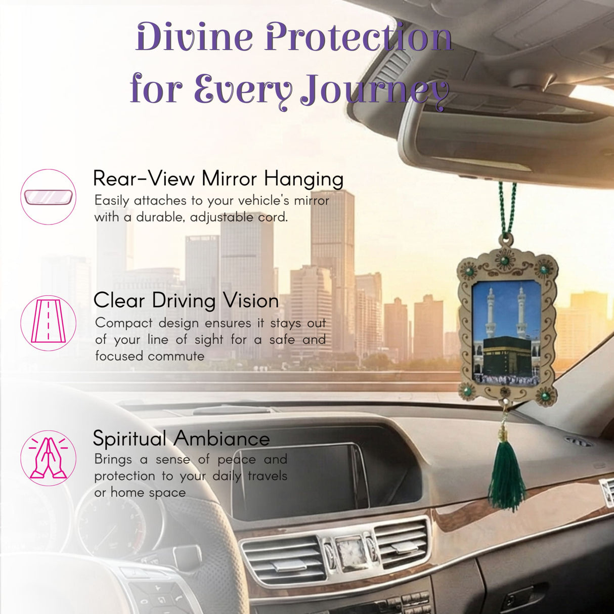 Ornate silver-framed Kaaba car hanging with green tassel, Islamic rear mirror ornament